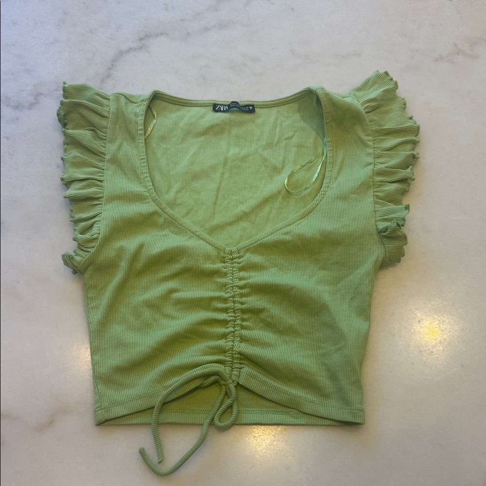 Zara Light Green Ruffled shirred v neck gathered Crop Top